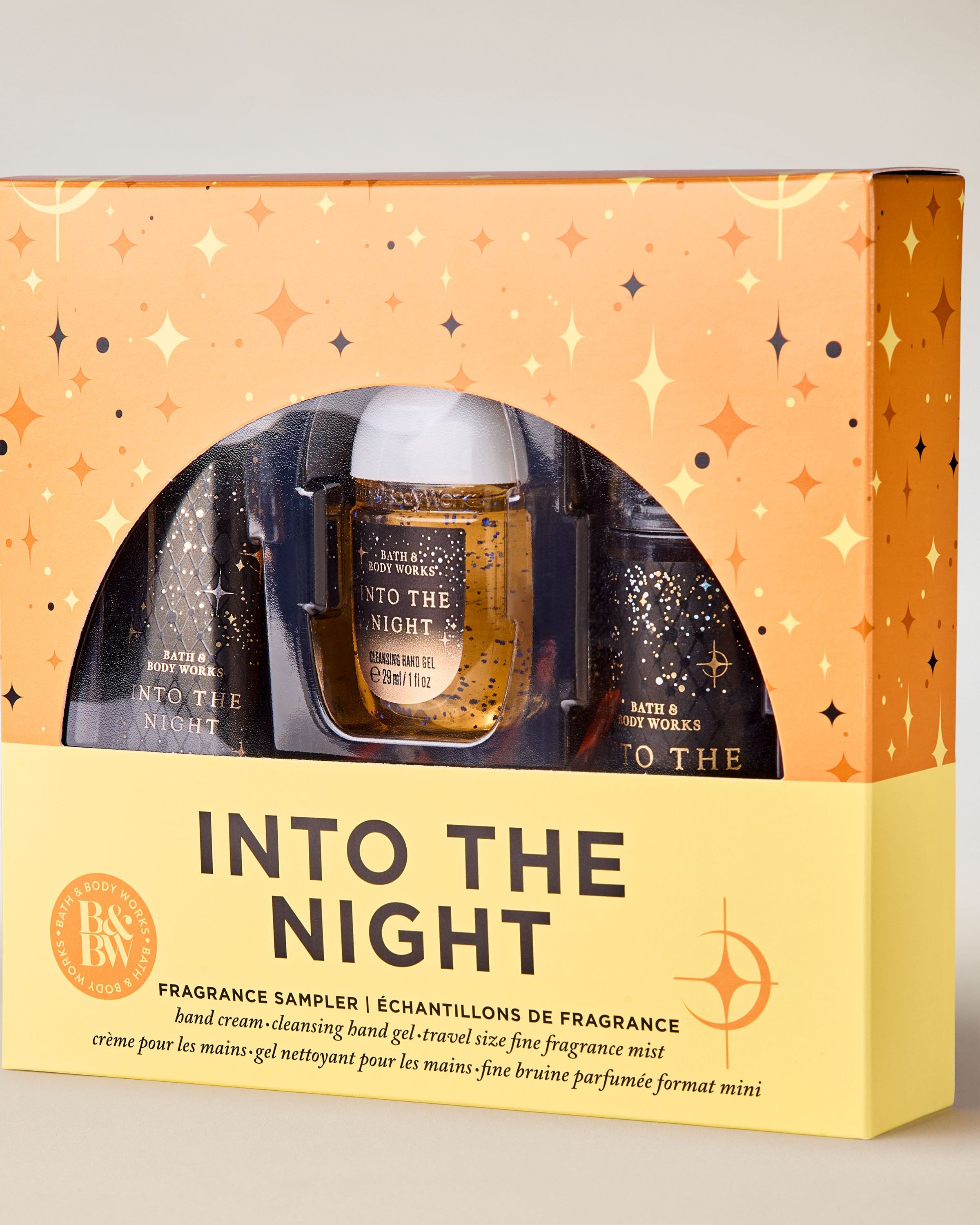 Set Into the Night od Bath & Body Works v černo‑zlatém balení – gel, krém a mini sprej.