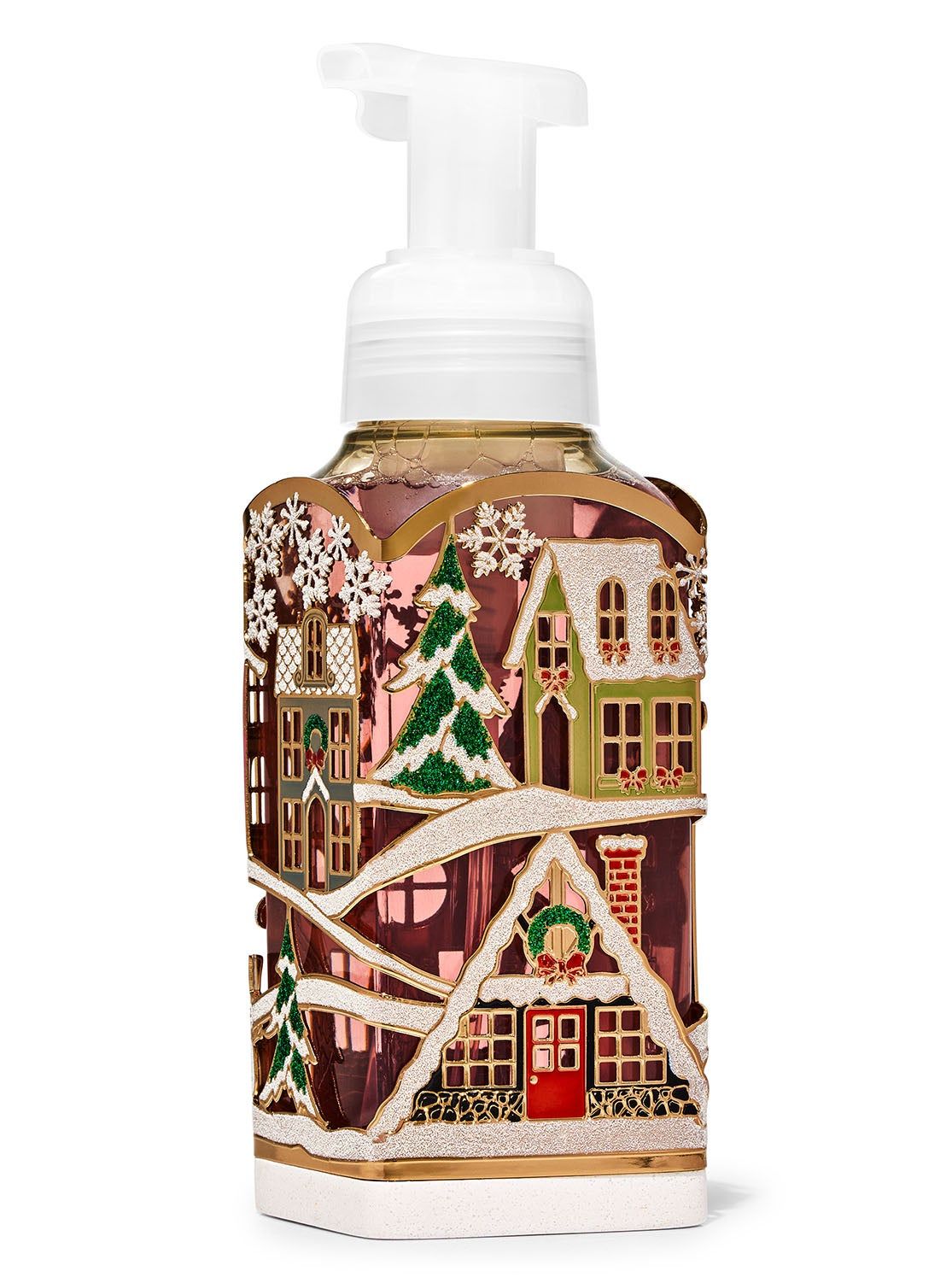 Świąteczne etui na mydło do rąk z ozdobnym motywem zimowej wioski, Bath & Body Works.