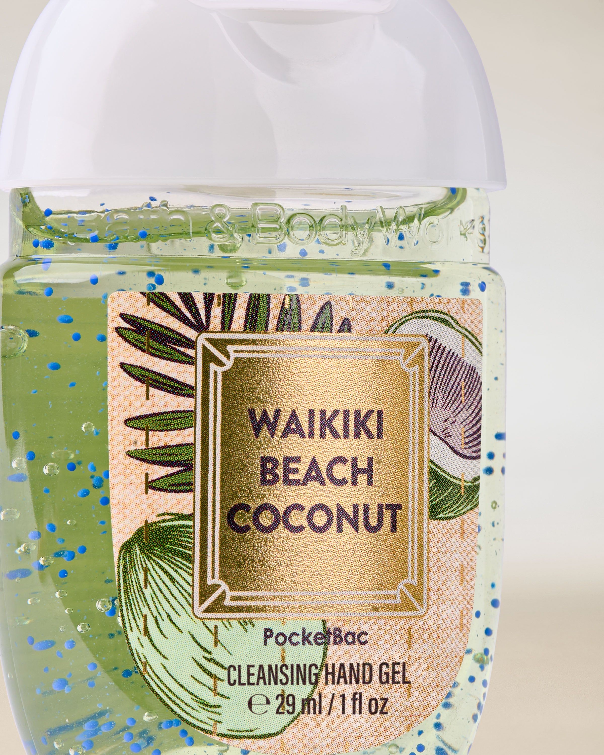 PocketBac Waikiki Beach Coconut – gel na ruce v zeleném obalu s bílým víčkem a etiketou s kokosovým motivem.