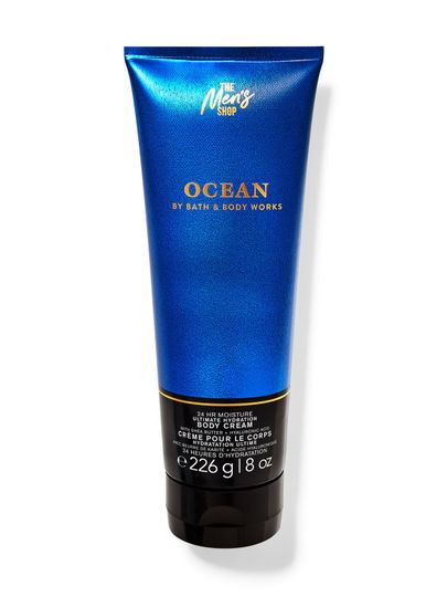 Tělový krém Bath&Body Works Ocean. Velká, kovová tuba v modré barvě s nápisy.