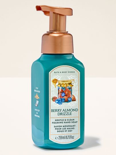 Pěnové mýdlo na ruce Bath & Body Works Berry Almond Drizzle 259 ml v tyrkysové lahvi s pumpičkou.