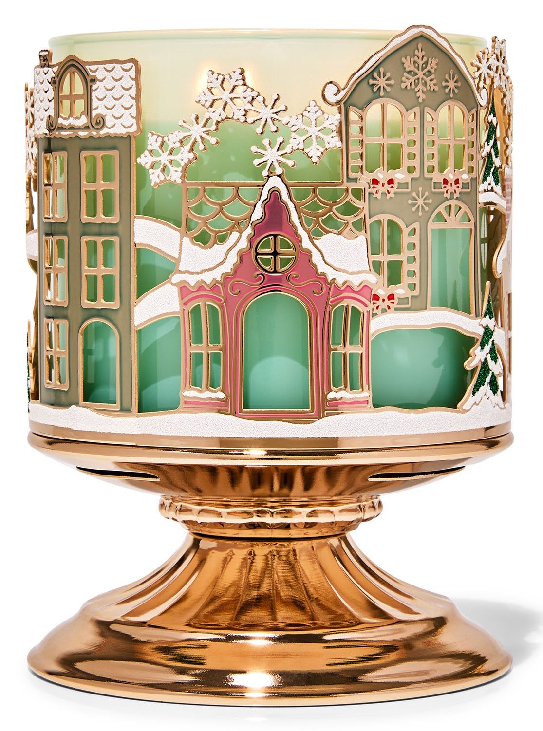Podstawka na świecę 3-knotową ze wzorem zimowej wioski. Bath & Body Works.