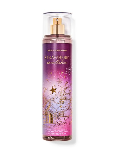 Mgiełka zapachowa "Strawberry Snowflakes" z motywem różowego, zimowego krajobrazu i gwiazdek. Bath & Body Works.
