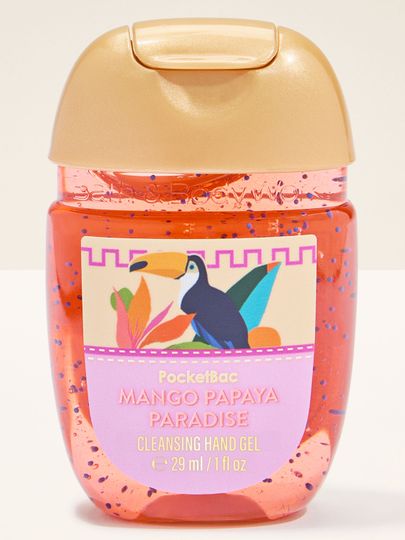 PocketBac Mango Papaya Paradise – gel na ruce v oranžovém obalu se zlatým víčkem a tropickou etiketou.