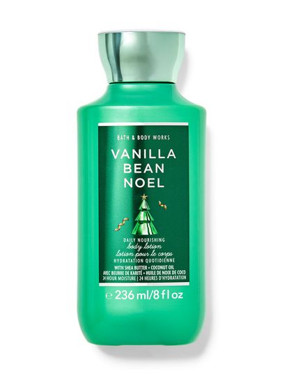 Zielony balsam do ciała z motywem choinki i napisem "Vanilla Bean Noel", Bath & Body Works.