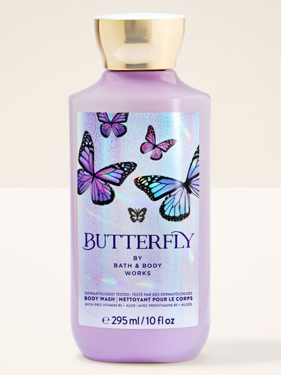 Sprchový gel Butterfly v ozdobné lahvi, určený pro každodenní mytí a osvěžení.