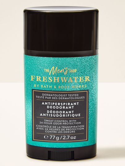 Antiperspirant Freshwater Bath & Body Works pro muže v tyrkysovém balení se svěží vůní.