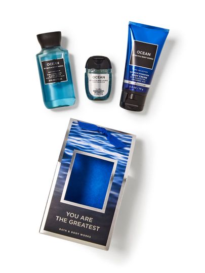 Dárkový set Bath & Body Works Ocean pro něj: gel, lotion, PocketBac a dárková krabička.