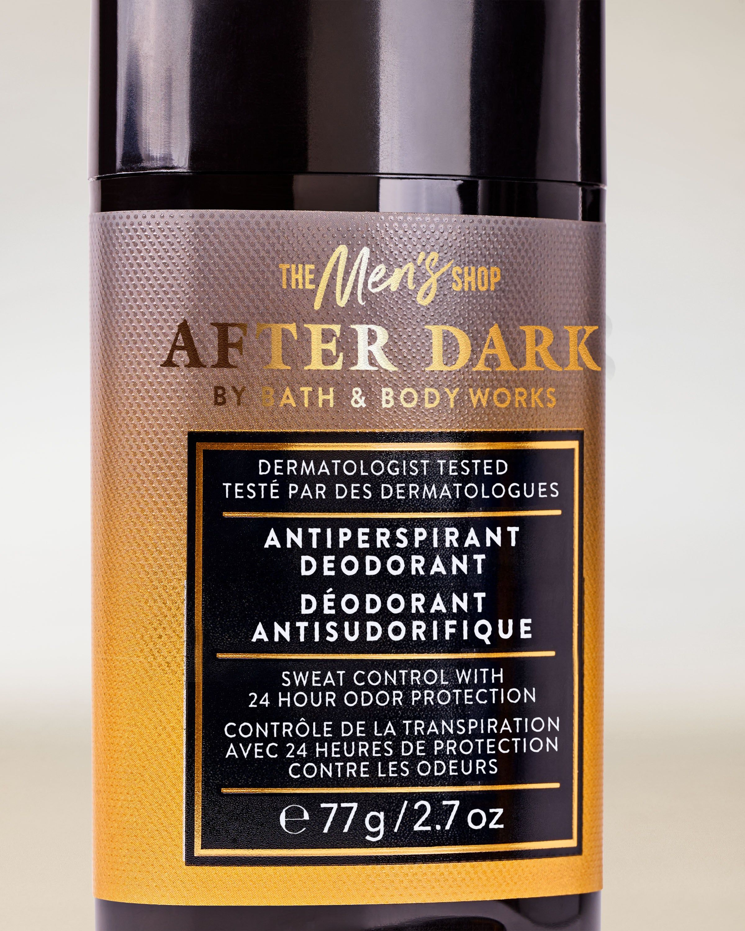 After Dark Men’s Shop Bath & Body Works – antiperspirant v černo‑zlatém obalu s 24h ochranou.
