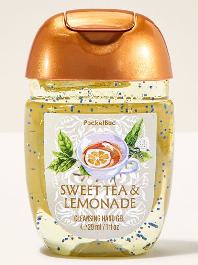 Bath & Body Works Sweet Tea & Lemonade PocketBac – dezinfekční gel na ruce ve žluté lahvičce s motivem čaje a citronu.