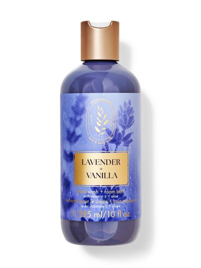 Levandulový sprchový gel a pěna do koupele "Lavender + Vanilla" se zlatým štítkem. Bath & Body Works.