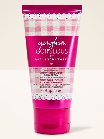 Tělový krém Bath & Body Works Gingham Gorgeous 70 g v růžové tubě s klasickým gingham vzorem.