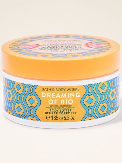 Tělové máslo Bath & Body Works Dreaming of Rio s barevnou geometrickou etiketou.