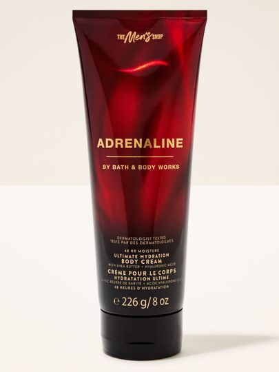 Pánský tělový krém Bath & Body Works "Adrenaline" ve velké, tmavě červené tubě s lesklým přechodem.