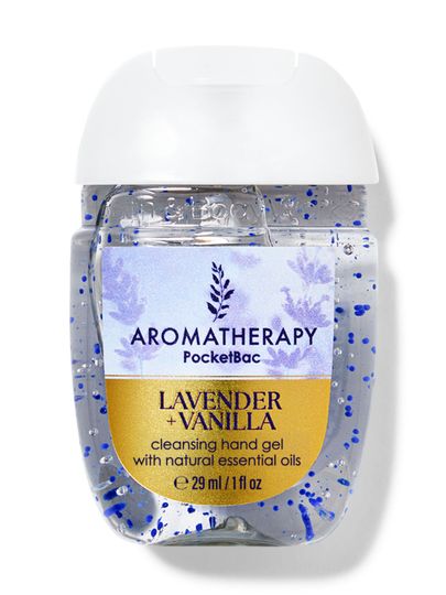 Gel PocketBac Aromatherapy Lavender + Vanilla s modrými tečkami. Průhledná láhev s bílým víčkem. Bath & Body Works.