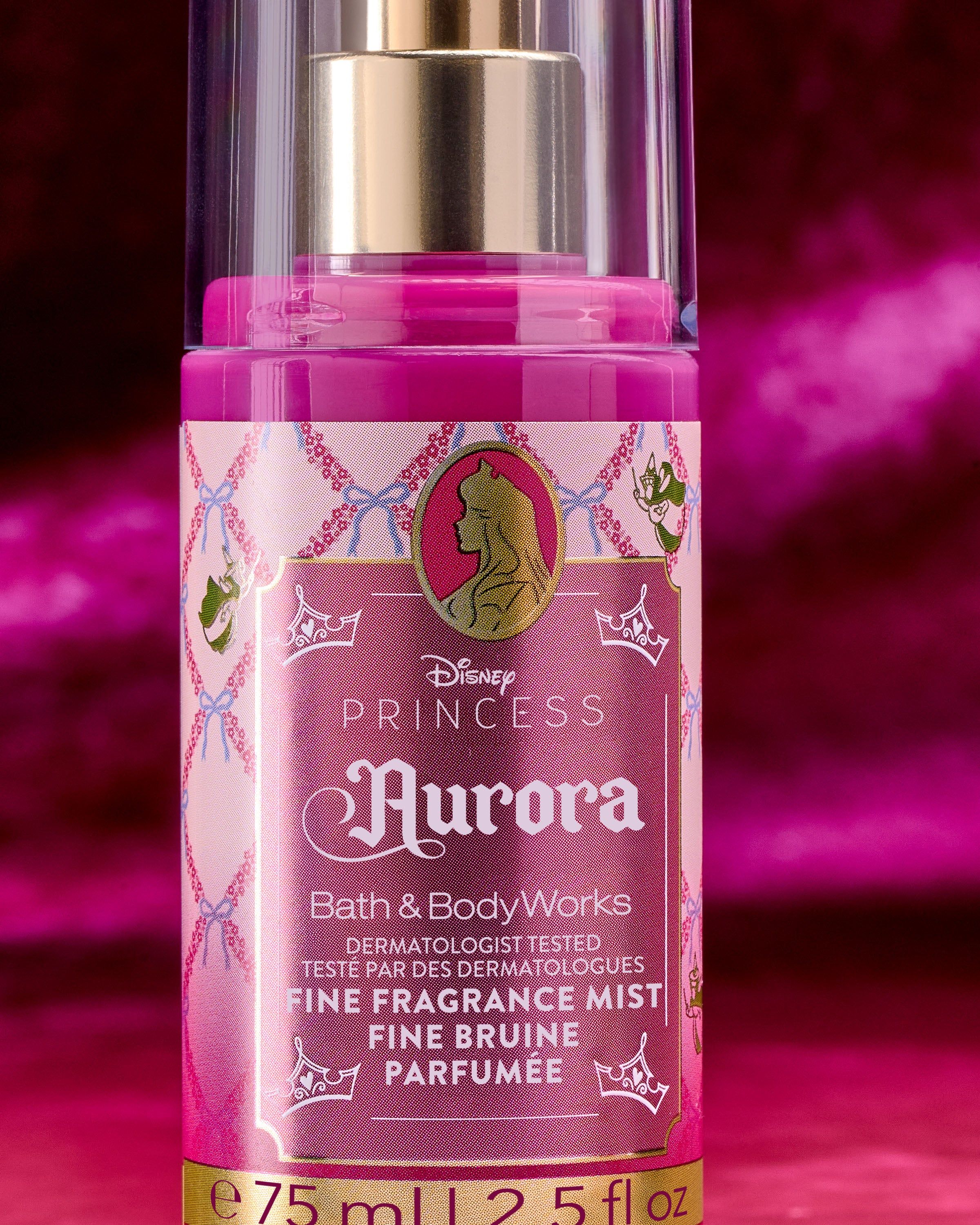 Mini voňavá mlha Aurora z kolekce Disney Princess od Bath & Body Works v růžovém lesklém flakonu.