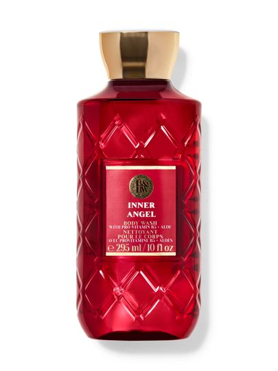 Červený sprchový gel Bath & Body Works Inner Angel (295 ml) v texturované lahvi se zlatým uzávěrem.