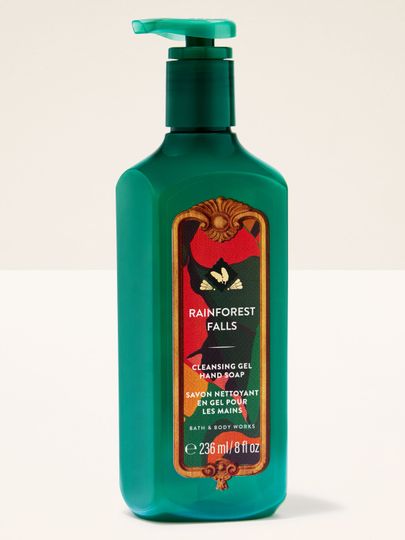 Rainforest Falls – gel na ruce v zeleném obalu s pumpičkou a elegantní tropickou etiketou v zelených a červených tónech.