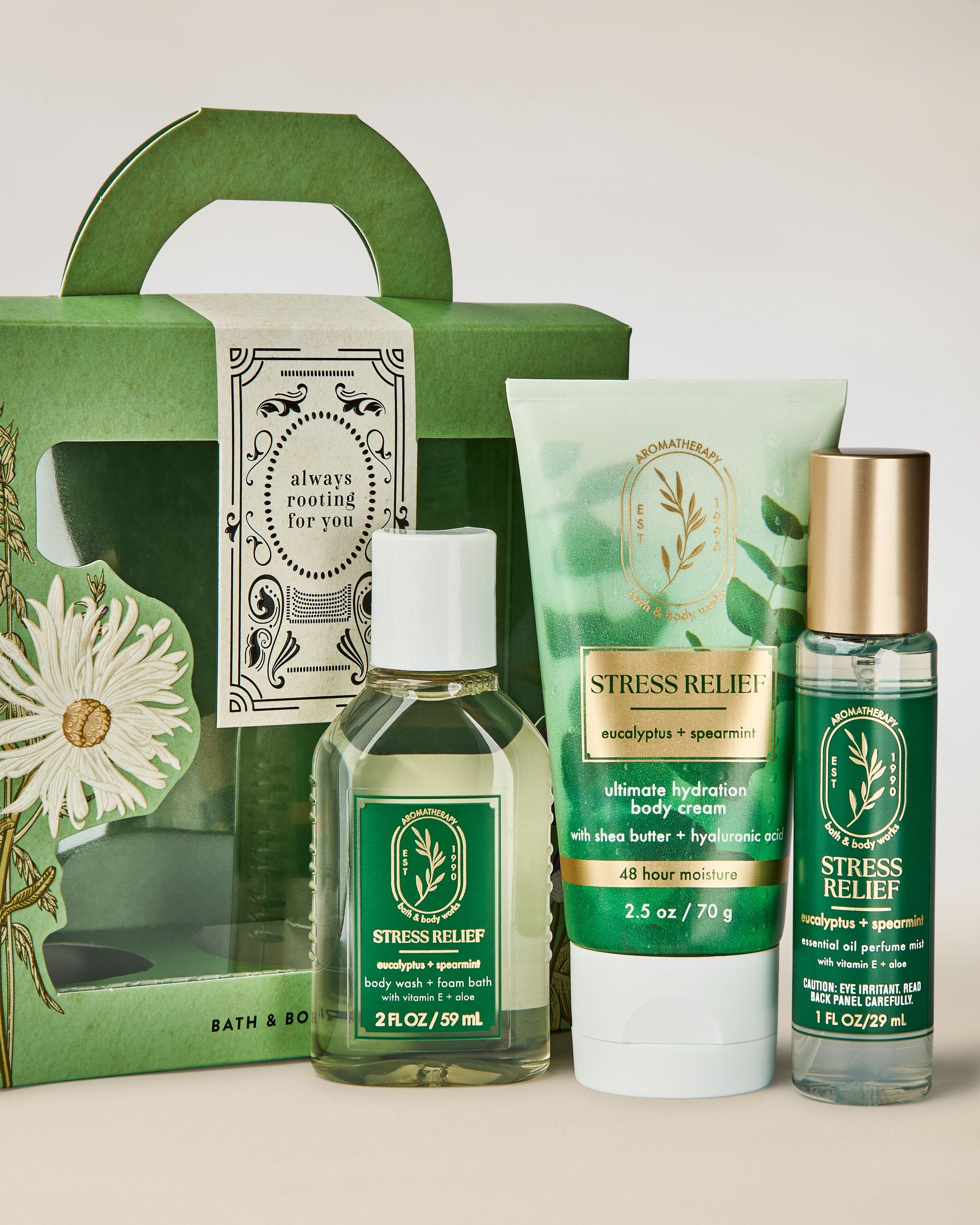 Dárková sada Bath & Body Works Aromatherapy Stress Relief s produkty Eucalyptus + Spearmint v zeleném balení.