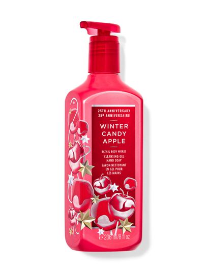 Różowe mydło do rąk w żelu „Winter Candy Apple” z motywem błyszczących jabłek i gwiazd. Bath & Body Works.