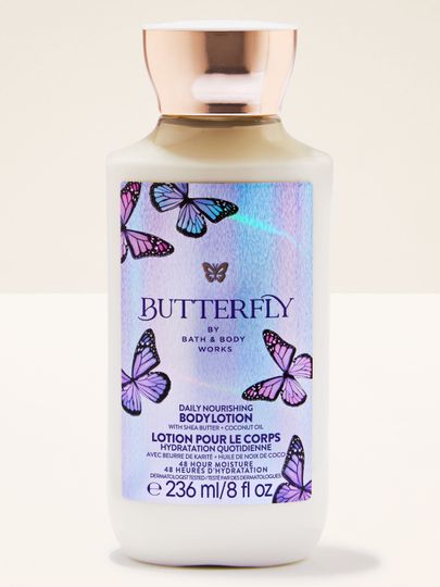 Tělové mléko Butterfly Bath & Body Works ve světlé lahvi s holografickým štítkem a motivem motýlů