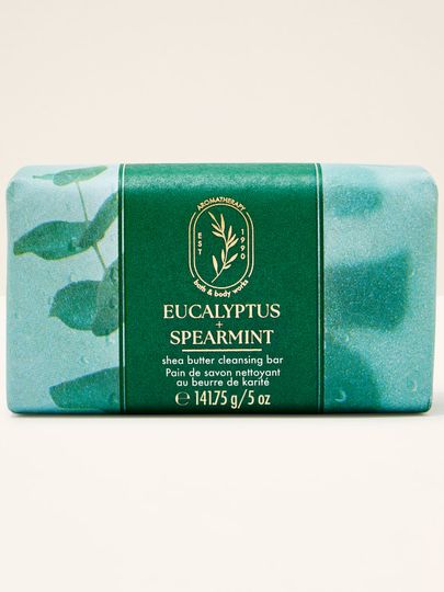 Mýdlo v kostce s bambuckým máslem Bath & Body Works "Eucalyptus + Spearmint" v zeleném obalu.