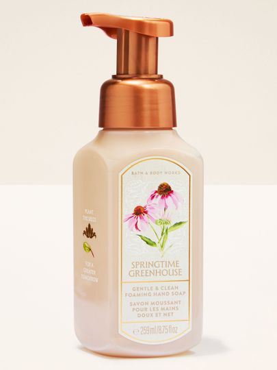 Pěnové mýdlo na ruce Bath & Body Works Springtime Greenhouse 259 ml ve světlé lahvi s pumpičkou.