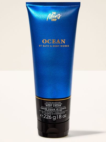 Tělový krém Ocean z pánské kolekce Bath & Body Works v tubě s metalickým efektem, určený pro 24hodinovou hydrataci.