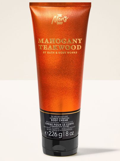 Bath & Body Works Mahogany Teakwood – tělový krém v měděné, metalické tubě pro muže.