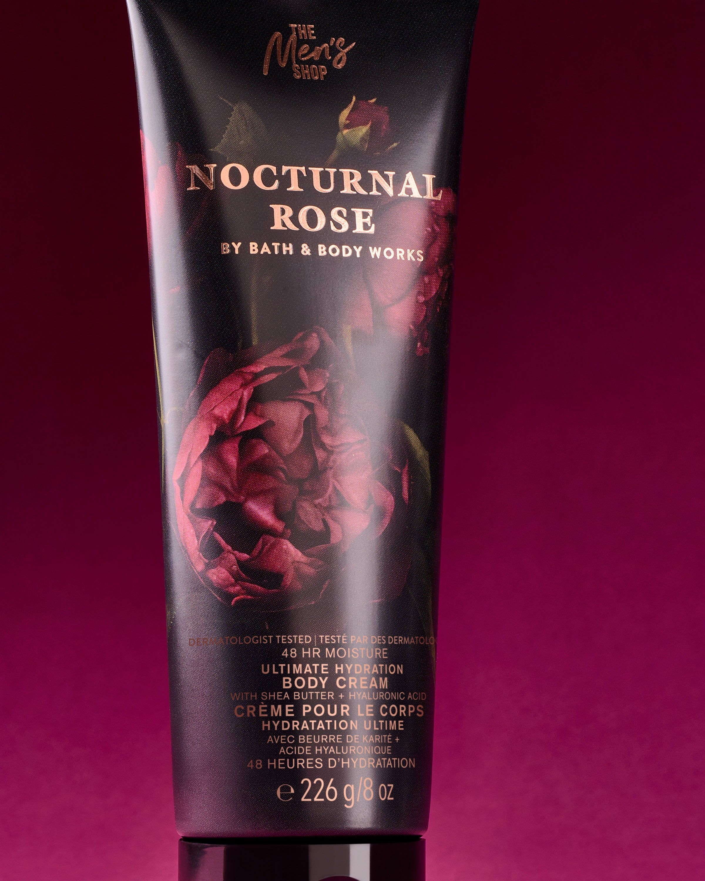 Tělový krém Nocturnal Rose Bath & Body Works z pánské kolekce, v tmavém elegantním balení s růžemi.