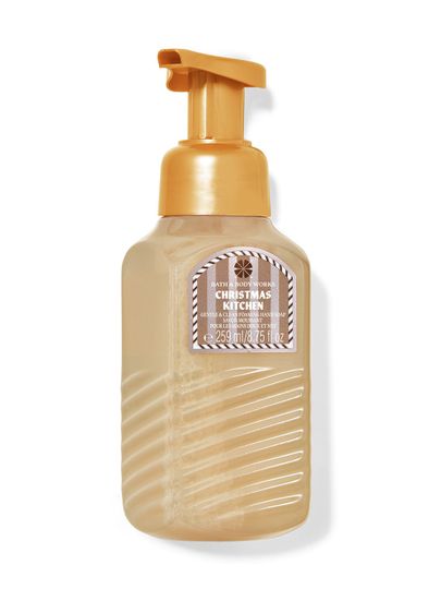 Mydło do rąk w piance Christmas Cookies w beżowym opakowaniu w paski, z etykietą w świąteczne wzory. Bath&Body Works.
