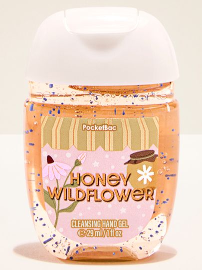 Honey Wildflower – zlatavý gel PocketBac Bath & Body Works s květinovým motivem a modrými částicemi uvnitř