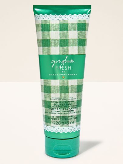 Tělový krém Bath & Body Works Gingham Fresh 226 g v zelené tubě s gingham vzorem.