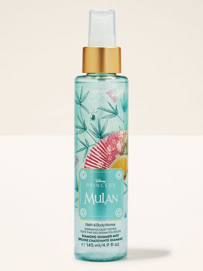 Třpytivý sprej Diamond z kolekce Disney Princess Mulan od Bath & Body Works v tyrkysovém flakonu.