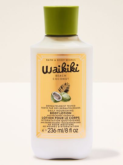 Tělové mléko Waikiki Beach Coconut ve světlé lahvi se zeleným víčkem a žlutou etiketou s kokosovým motivem.