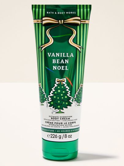 Tělový krém Vanilla Bean Noel Bath & Body Works s motivem vánočních stromků a zlaté mašle