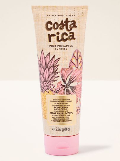 Tělový krém Costa Rica Pink Pineapple Sunrise v pastelové tubě s tropickým motivem a růžovými detaily.