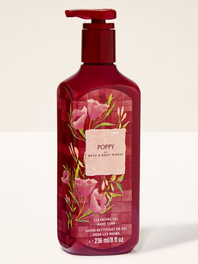 Gel na mytí rukou Bath & Body Works Poppy 236 ml v bordové lahvi s květinovým motivem.