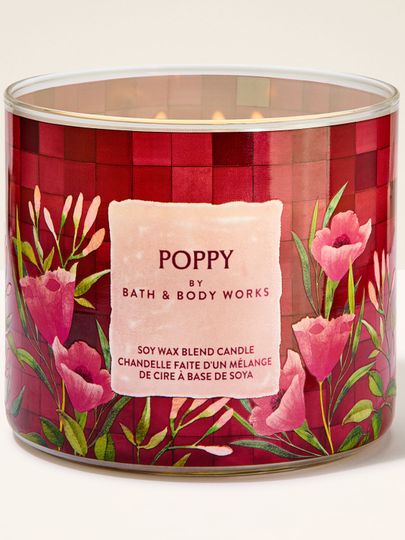 Tříknotová vonná svíčka Bath & Body Works Poppy ve skleněné dóze s květinovým motivem.