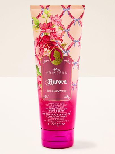 Tělový krém Aurora Disney Princess – růžová květinová tuba a intenzivní hydratace Bath & Body Works.