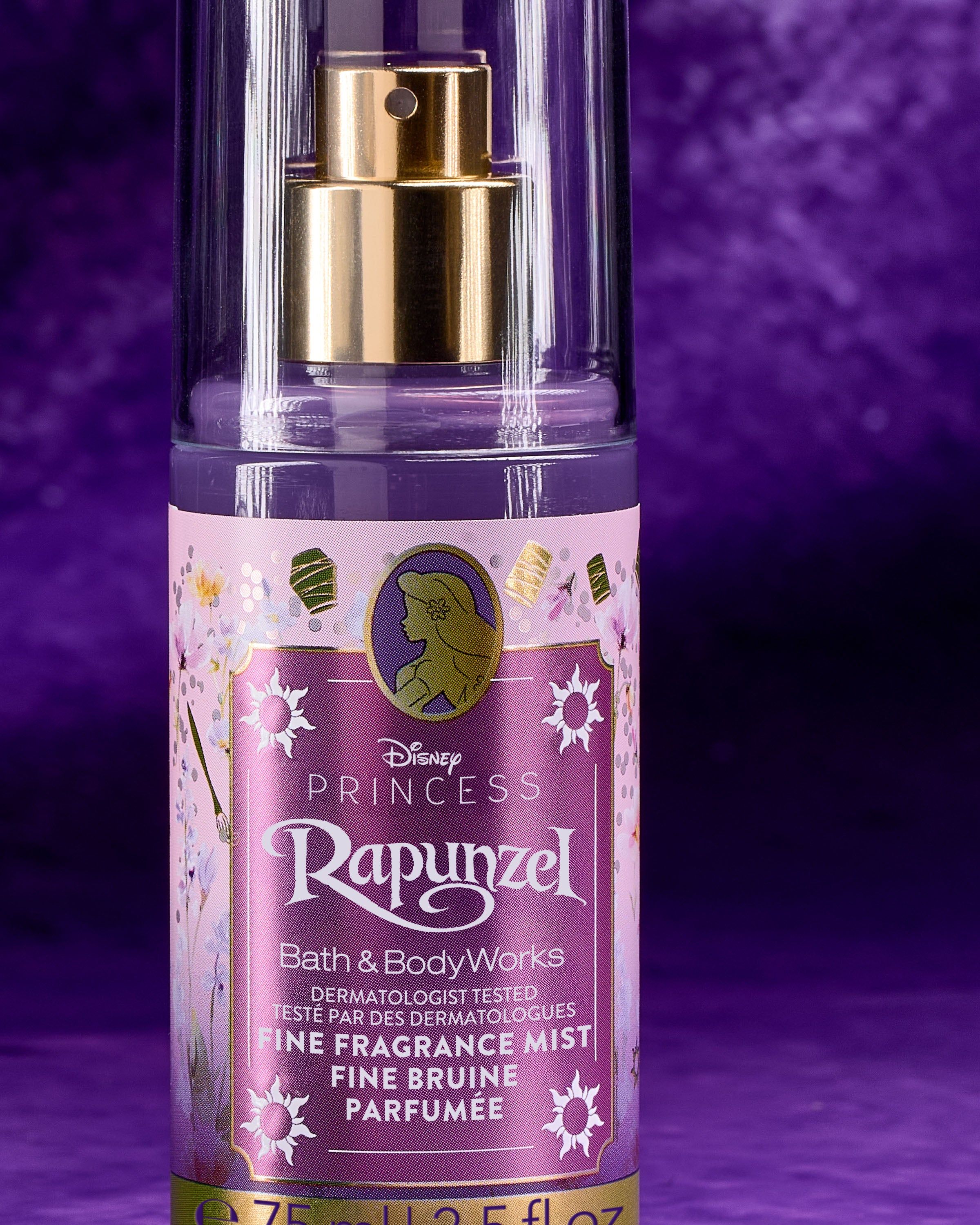 Mini voňavá mlha Rapunzel z kolekce Disney Princess od Bath & Body Works ve fialovém lesklém flakonu.