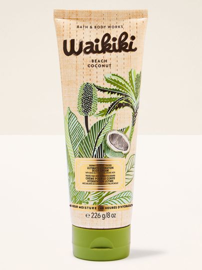 Tělový krém Waikiki Beach Coconut ve světlé tubě s tropickými palmami a kokosovým motivem na přírodním podkladu.