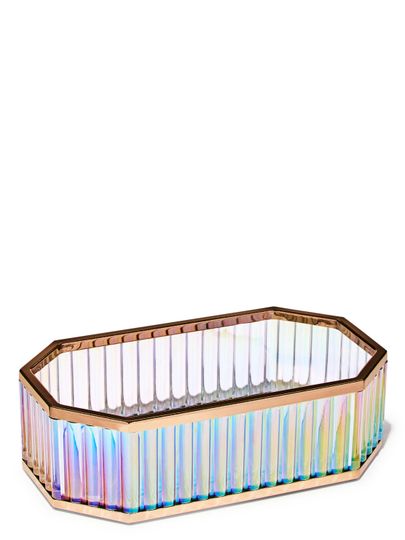 Obdélníkový tác Bath & Body Works z duhového skla se zlatými okraji – elegantní doplněk do interiéru