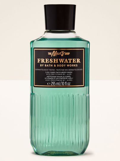 Gel 3‑v‑1 „Freshwater” od Bath & Body Works v tyrkysové lahvi.