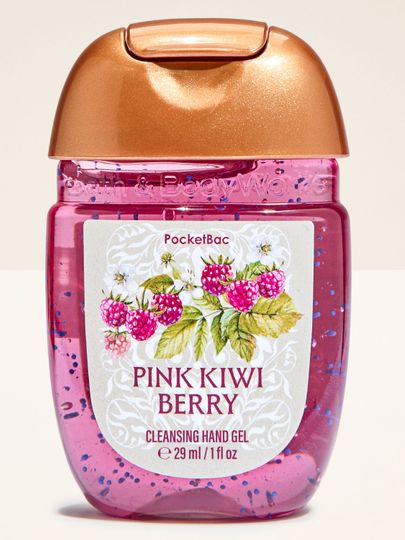 Bath & Body Works Pink Kiwi Berry PocketBac – dezinfekční gel na ruce v růžové lahvičce s ovocným motivem.