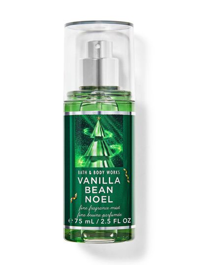 Mgiełka zapachowa Vanilla Bean Noel, w wersji podróżnej, w butelce ze świątecznym drzewkiem. Bath&Body Works.