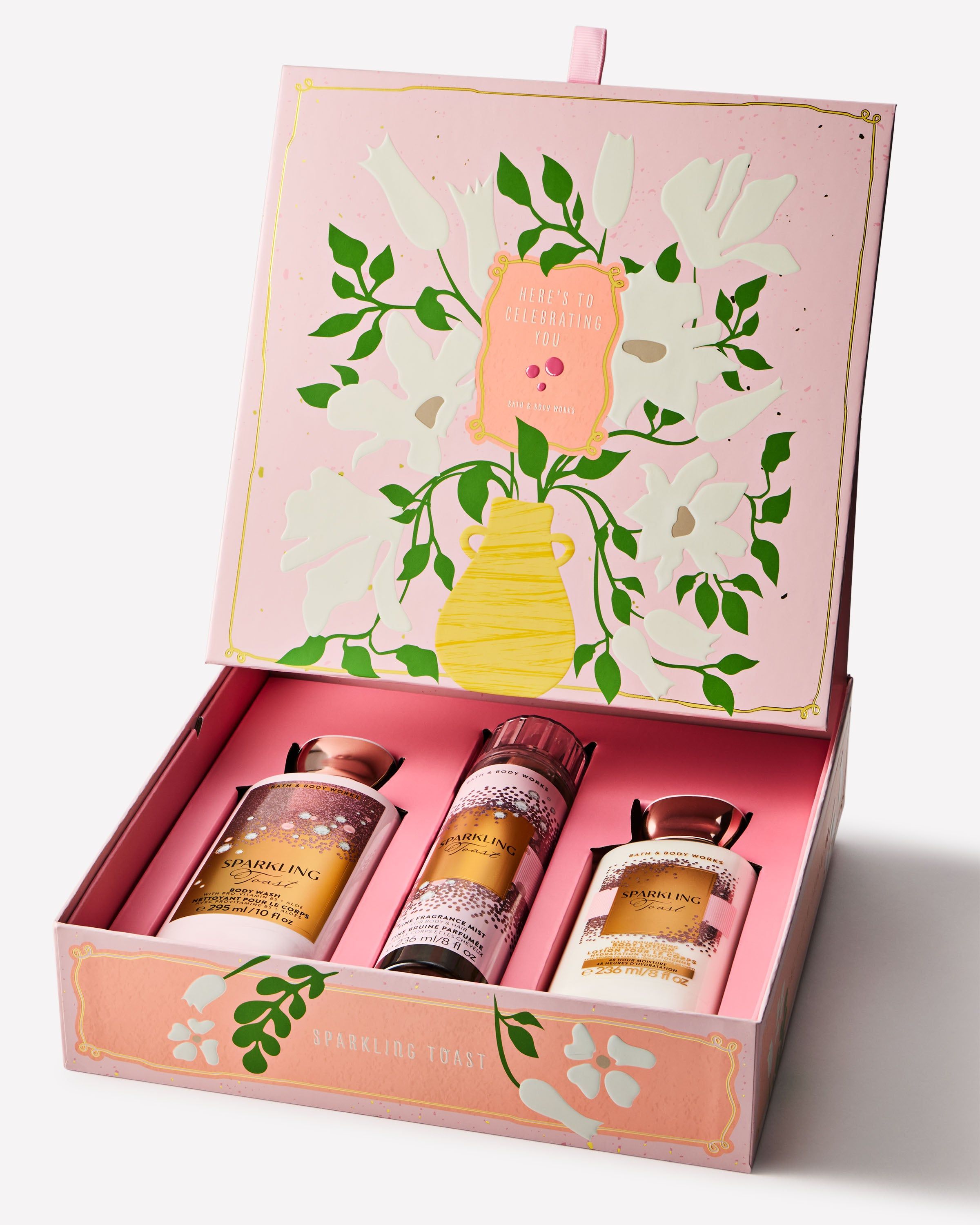 Dárková sada Sparkling Toast Bath & Body Works s produkty a ozdobnou krabičkou