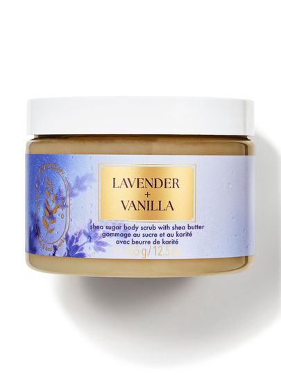 Cukrový tělový peeling Bath & Body Works SLEEP "Lavender + Vanilla" v nádobě s bílým víčkem.