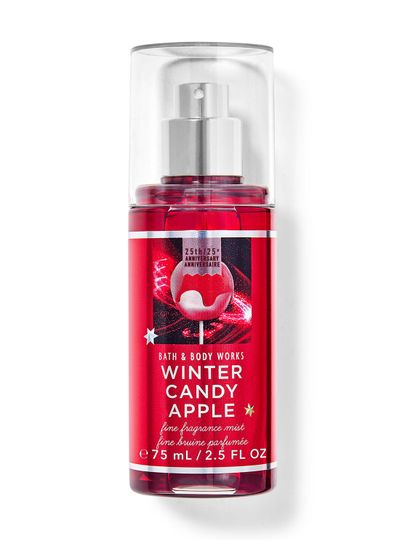 Mgiełka zapachowa Winter Candy Apple, w wersji podróżnej, w czerwonej butelce z motywem słodkiego jabłka. Bath&Body Works.