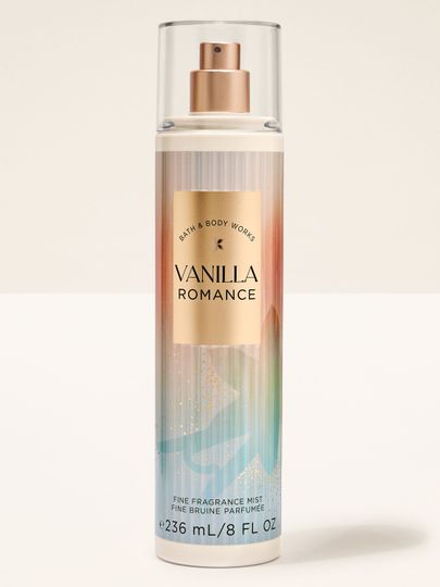 Tělová parfémová mlha Vanilla Romance Bath & Body Works ve zlatobéžovém flakonu